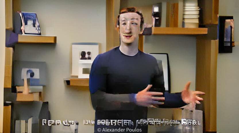 This meme is a still image from a video of Mark Zuckerberg, the CEO of Facebook, speaking in a virtual reality (VR) environment. The image shows him standing in a virtual room, with a background of shelves and books, and a caption that reads "I can see your face". The meme is likely poking fun at the idea of VR technology being able to see and recognize people's faces, even in a virtual environment.